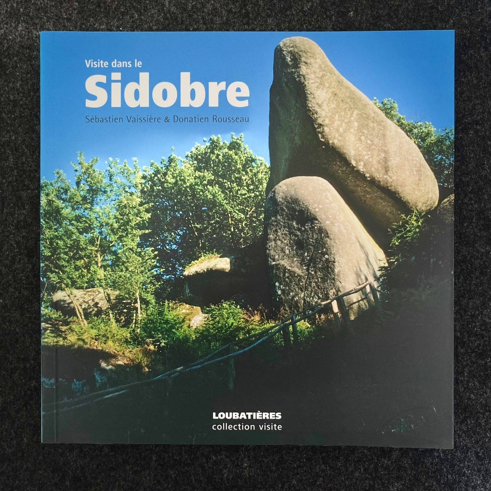 Guide touristique sur l'amphithéâtre de Loubatières avec des rochers et des arbres sous un ciel bleu.